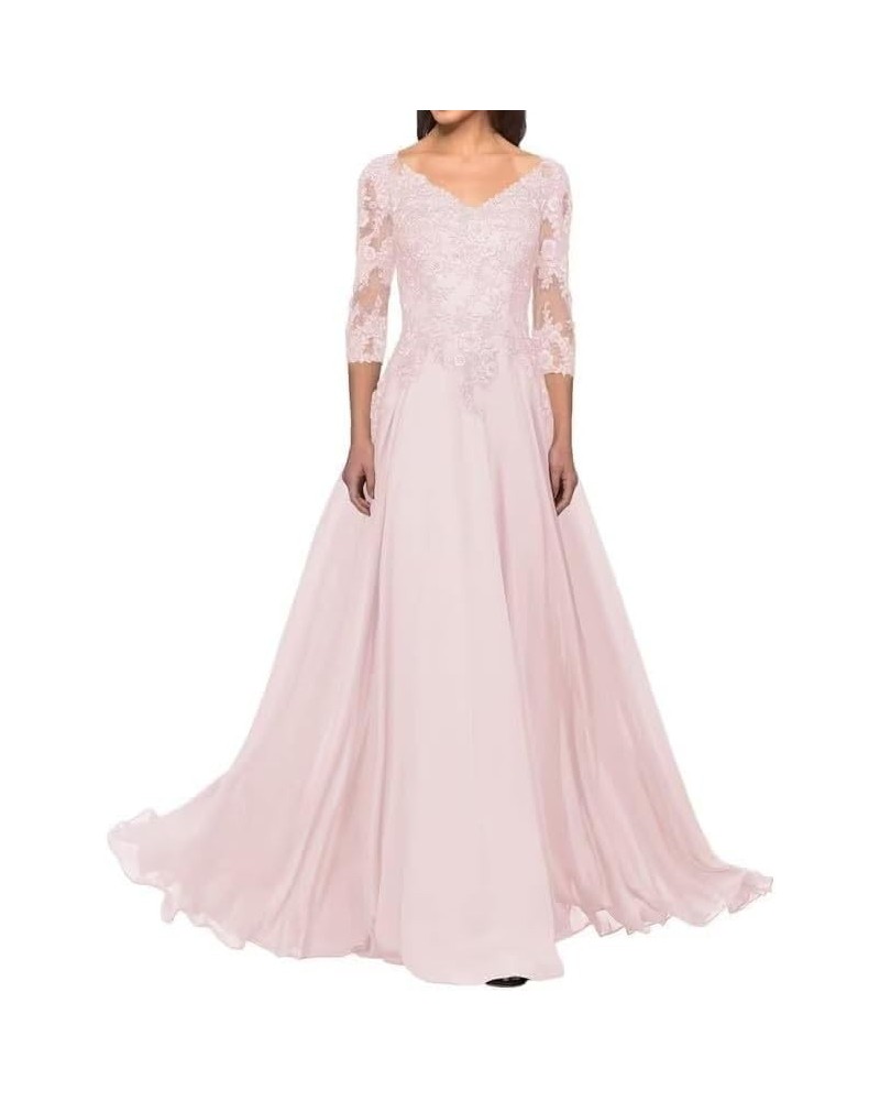 3/4 Sleeve Mother of The Bride Dresses Long Laces Appliques Chiffon Formal Evening Gowns for Wedding Guest Pink $42.83 Dresses