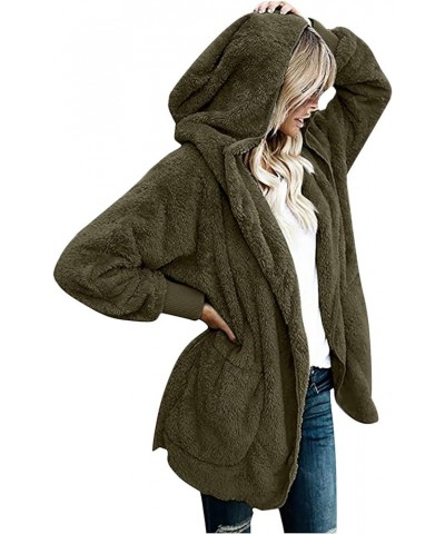 Women Hooded Cardigan Fuzzy Jacket with Pockets Winter Open Front Fleece Coat Outwear Thermal Hoodies Plus Size D-army Green ...