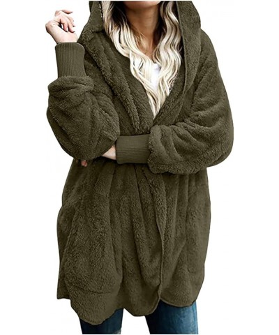 Women Hooded Cardigan Fuzzy Jacket with Pockets Winter Open Front Fleece Coat Outwear Thermal Hoodies Plus Size D-army Green ...