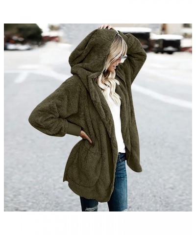 Women Hooded Cardigan Fuzzy Jacket with Pockets Winter Open Front Fleece Coat Outwear Thermal Hoodies Plus Size D-army Green ...