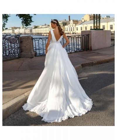 Long Sleeve Lace Wedding Dresses for Bride Satin Ball Gowns Simple V Neck Bridal Gowns for Women E-ivory $47.70 Dresses