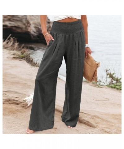 Wide Leg Pants for Women 2023 Casual Linen Palazzo Summer High Waist Trendy Smocked Lounge Pant Trousers with Pocket D04_dark...