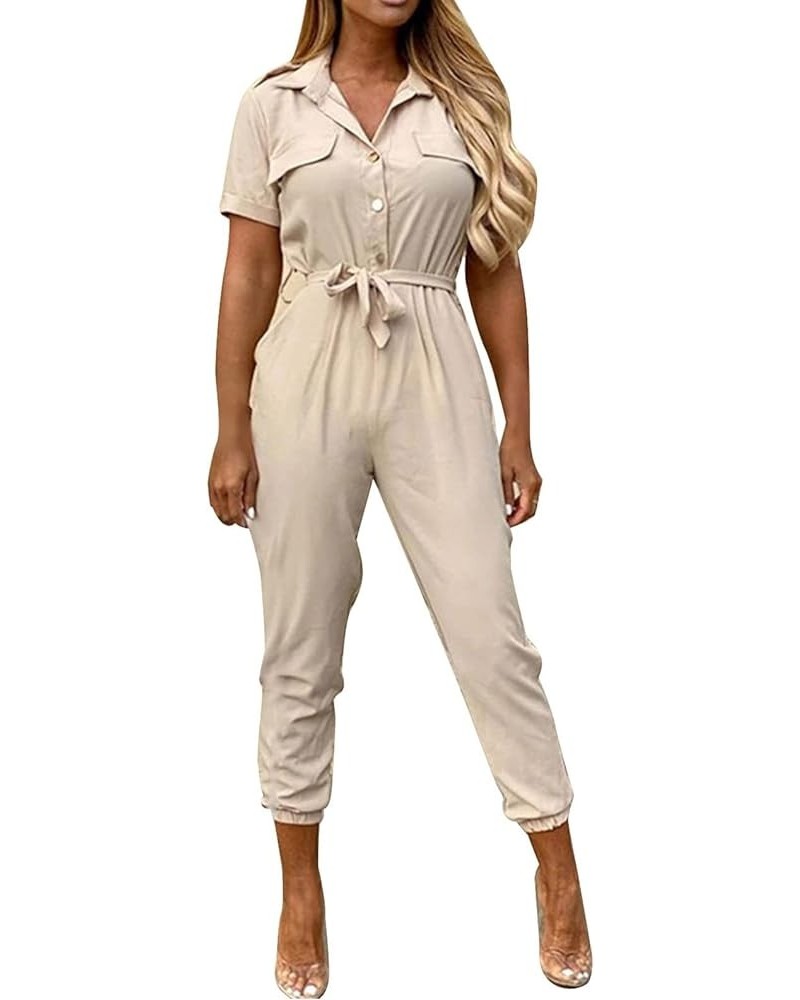 Women's Jeans Jumpsuits Casual Lapel Lace-Up Printed Belt Short Sleeve Work Jumpsuit Jumpsuits Casual 2023 Beige $14.51 Overalls