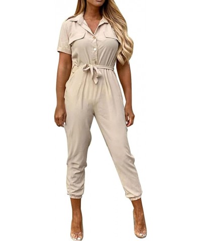 Women's Jeans Jumpsuits Casual Lapel Lace-Up Printed Belt Short Sleeve Work Jumpsuit Jumpsuits Casual 2023 Beige $14.51 Overalls