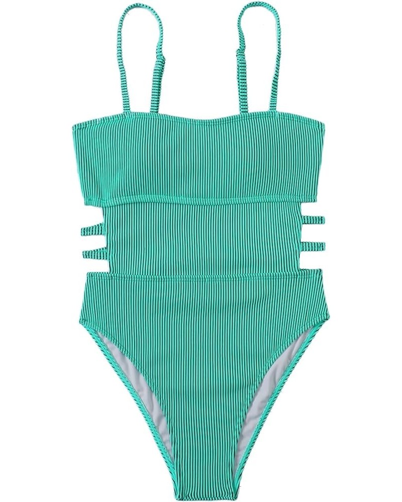 Women's One Piece Swimsuit Ribbed One Piece Swimwear Cutout Tummy Control Bathing Suit Teal Green $17.22 Swimsuits