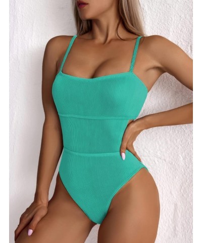 Women's One Piece Swimsuit Ribbed One Piece Swimwear Cutout Tummy Control Bathing Suit Teal Green $17.22 Swimsuits