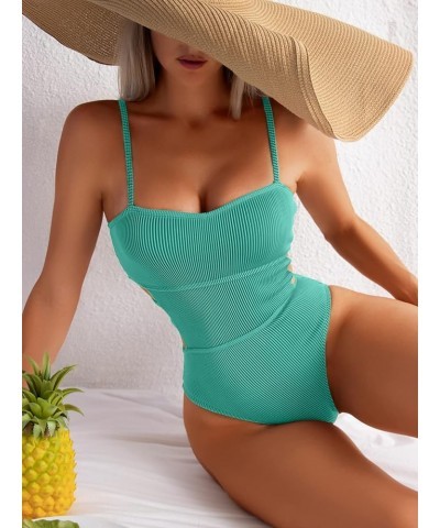 Women's One Piece Swimsuit Ribbed One Piece Swimwear Cutout Tummy Control Bathing Suit Teal Green $17.22 Swimsuits