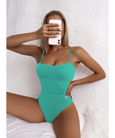 Women's One Piece Swimsuit Ribbed One Piece Swimwear Cutout Tummy Control Bathing Suit Teal Green $17.22 Swimsuits