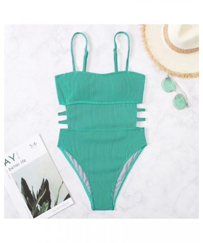 Women's One Piece Swimsuit Ribbed One Piece Swimwear Cutout Tummy Control Bathing Suit Teal Green $17.22 Swimsuits