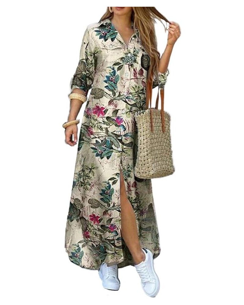 Women's Floral Print Button Down Collar Long Shirt Dress Blouse Plus Size Maxi Dress Green Floral $20.64 Dresses