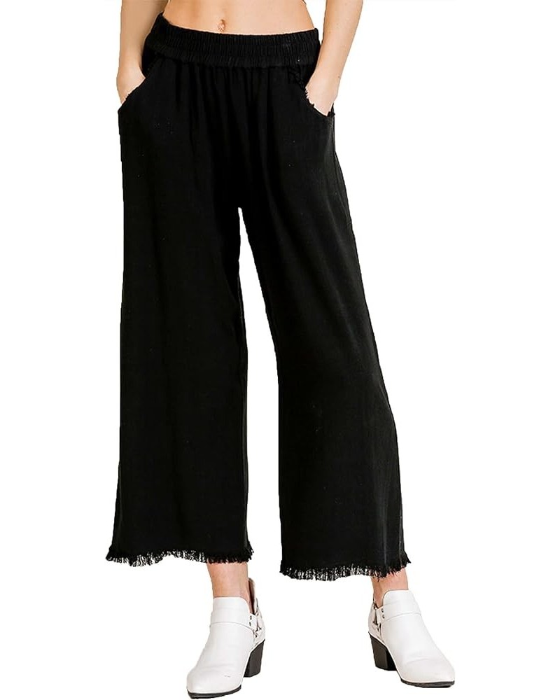 Womens Wide Leg Pant with Elastic Waist, Pockets, and Frayed Hem Black $29.98 Pants