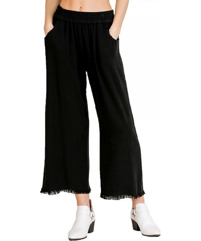 Womens Wide Leg Pant with Elastic Waist, Pockets, and Frayed Hem Black $29.98 Pants