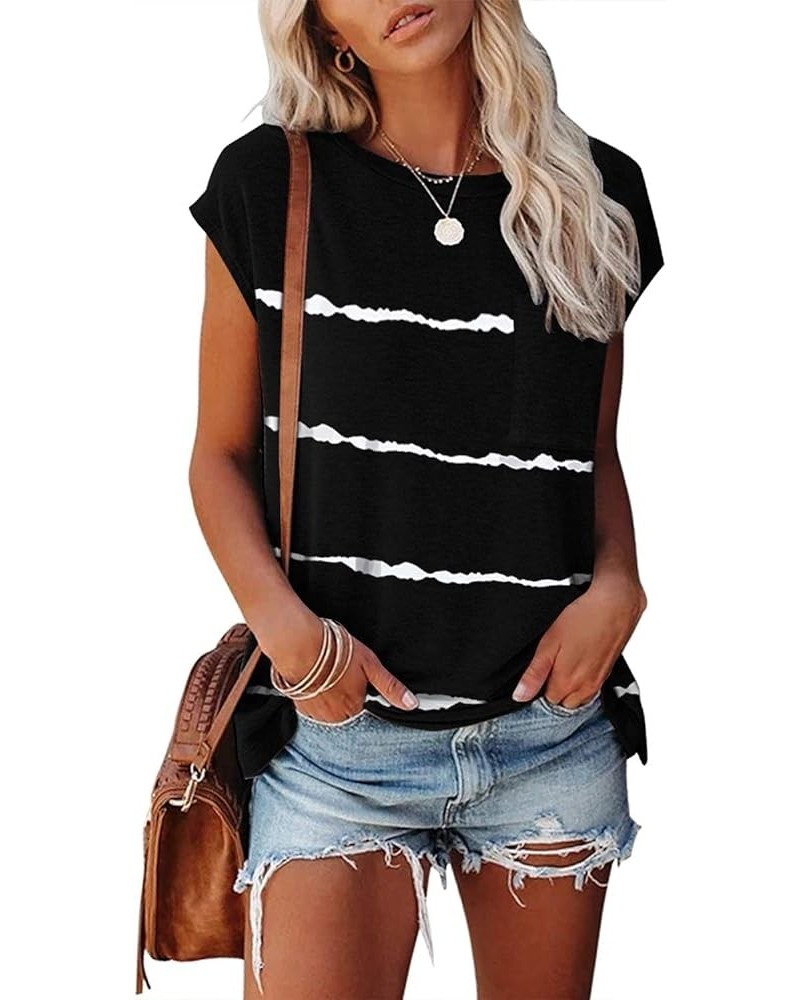 Women's Casual Cap Sleeve T Shirts Basic Summer Tops Loose Solid Color Blouse Stripeblack $10.50 Blouses