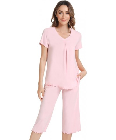 Pajamas for Women Short Sleeve Sleepwear Soft Capri Pants Pajama Sets Cool Pjs S-4XL Pink $21.19 Sleep & Lounge