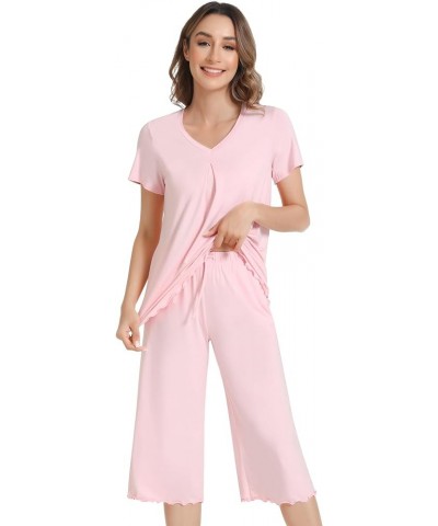 Pajamas for Women Short Sleeve Sleepwear Soft Capri Pants Pajama Sets Cool Pjs S-4XL Pink $21.19 Sleep & Lounge