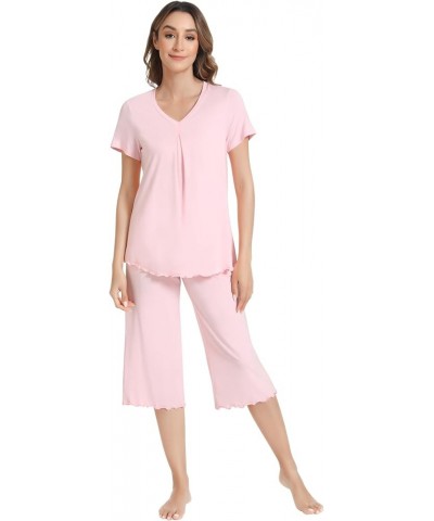 Pajamas for Women Short Sleeve Sleepwear Soft Capri Pants Pajama Sets Cool Pjs S-4XL Pink $21.19 Sleep & Lounge