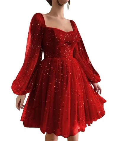 Puffy Long Sleeve Homecoming Dresses for Teens Short Sparkly Starry Tulle Cocktail Gown HDT230216 Burgundy $27.72 Dresses