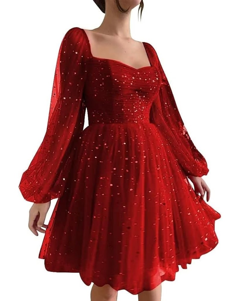 Puffy Long Sleeve Homecoming Dresses for Teens Short Sparkly Starry Tulle Cocktail Gown HDT230216 Burgundy $27.72 Dresses