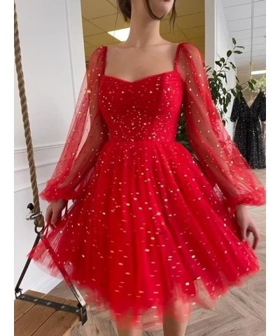 Puffy Long Sleeve Homecoming Dresses for Teens Short Sparkly Starry Tulle Cocktail Gown HDT230216 Burgundy $27.72 Dresses