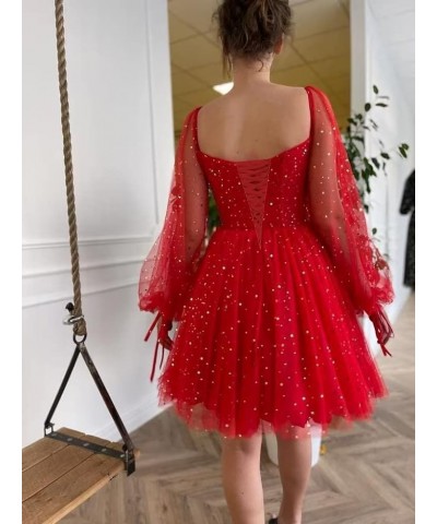 Puffy Long Sleeve Homecoming Dresses for Teens Short Sparkly Starry Tulle Cocktail Gown HDT230216 Burgundy $27.72 Dresses