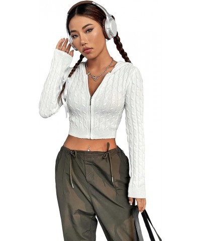 Women's Zipper Crop Hooded Cardigan Cable Knit Zip Up Plain Knitwear Casual Slim Fit Cardigan Tops White $10.07 Sweaters