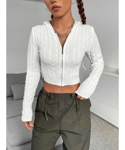 Women's Zipper Crop Hooded Cardigan Cable Knit Zip Up Plain Knitwear Casual Slim Fit Cardigan Tops White $10.07 Sweaters