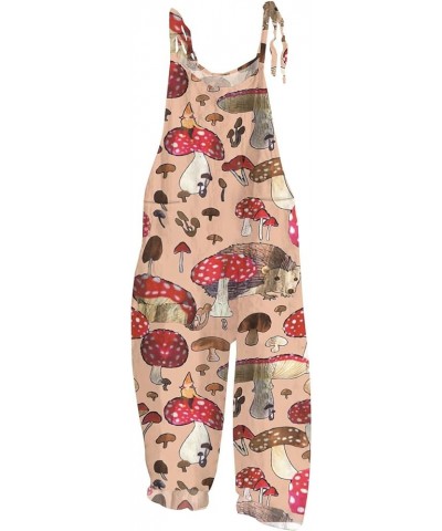 Jumpsuits for Women Plus Size Spaghetti Strap Casual Loose Overalls Cute Mushroom Hedgehogs Printed Wide Leg Rompers 03-red $...