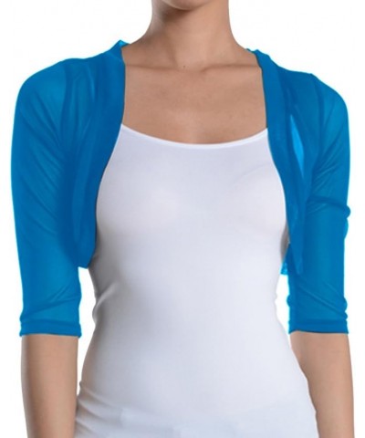 Women's Sheer Chiffon Bolero Shrug Jacket Cardigan 3/4 Sleeve Turquoise $12.32 Sweaters