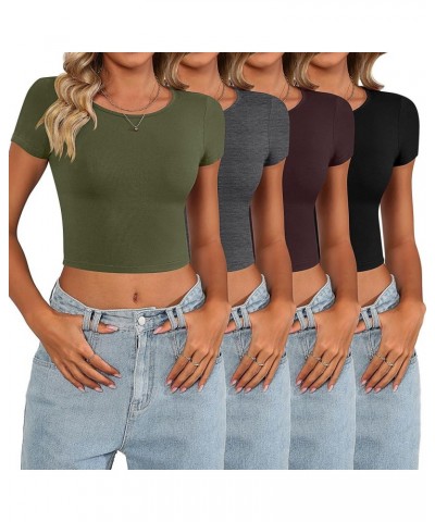 4 Pcs Women's Crop Tops Round Neck Short Sleeve Slim Fit Cropped Basic T Shirts Casual Solid Tees Shirts Tops Black, Brown, M...