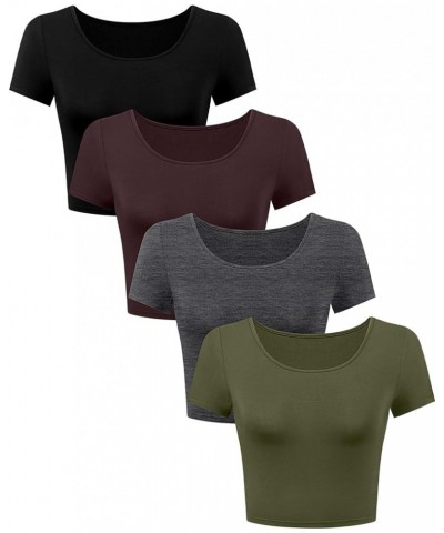 4 Pcs Women's Crop Tops Round Neck Short Sleeve Slim Fit Cropped Basic T Shirts Casual Solid Tees Shirts Tops Black, Brown, M...