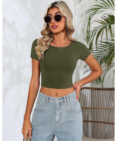 4 Pcs Women's Crop Tops Round Neck Short Sleeve Slim Fit Cropped Basic T Shirts Casual Solid Tees Shirts Tops Black, Brown, M...