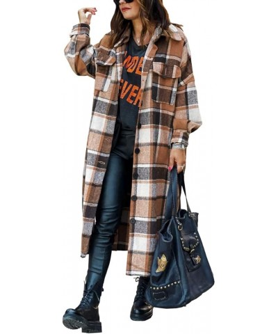 Womens Oversize Plaid Lapel Brushed Button Down Pocketed Long Shirt Jacket Shacket Coat 1-brown $22.65 Jackets