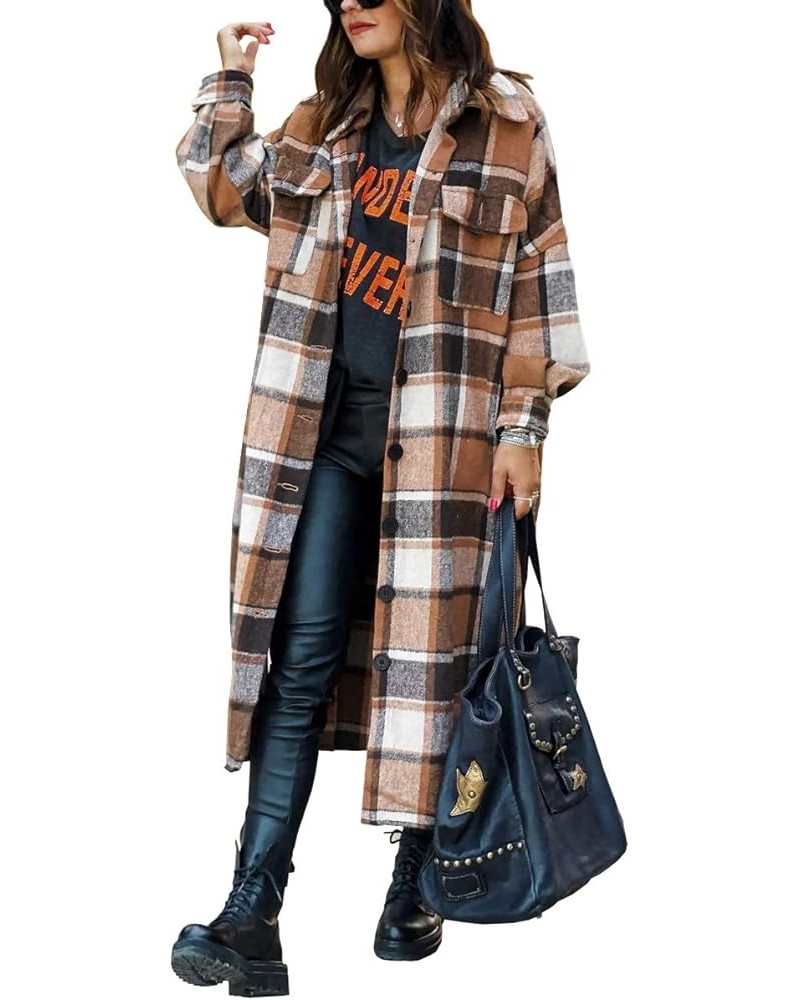 Womens Oversize Plaid Lapel Brushed Button Down Pocketed Long Shirt Jacket Shacket Coat 1-brown $22.65 Jackets