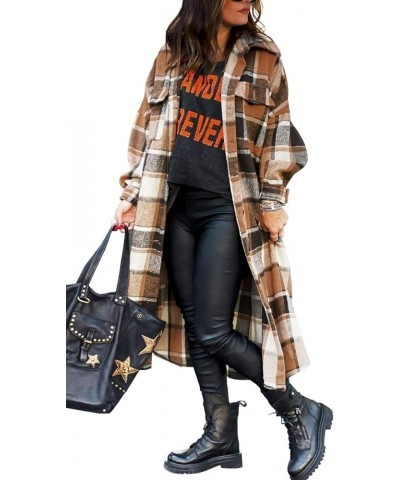 Womens Oversize Plaid Lapel Brushed Button Down Pocketed Long Shirt Jacket Shacket Coat 1-brown $22.65 Jackets