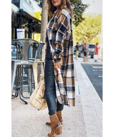 Womens Oversize Plaid Lapel Brushed Button Down Pocketed Long Shirt Jacket Shacket Coat 1-brown $22.65 Jackets