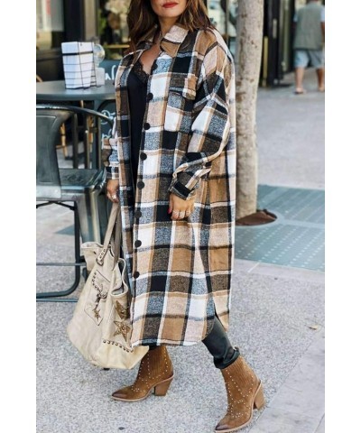 Womens Oversize Plaid Lapel Brushed Button Down Pocketed Long Shirt Jacket Shacket Coat 1-brown $22.65 Jackets