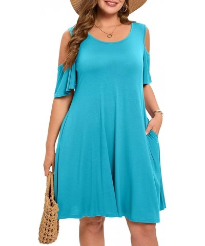 Womens Plus Size Dresses Short Sleeve Cold Shoulder Casual T Shirt Swing Dress Summer Beach Sundress Lake Blue $15.19 Dresses