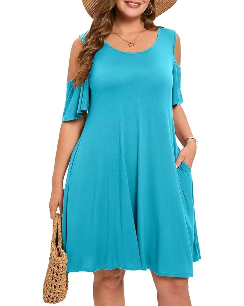 Womens Plus Size Dresses Short Sleeve Cold Shoulder Casual T Shirt Swing Dress Summer Beach Sundress Lake Blue $15.19 Dresses