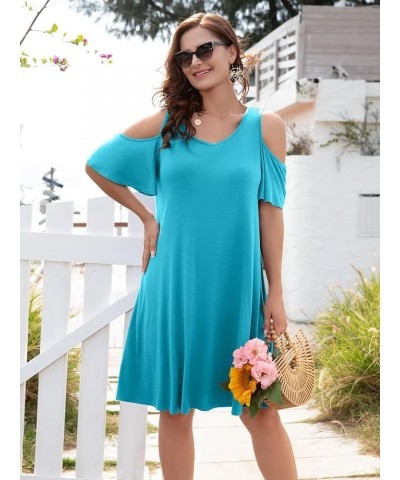 Womens Plus Size Dresses Short Sleeve Cold Shoulder Casual T Shirt Swing Dress Summer Beach Sundress Lake Blue $15.19 Dresses