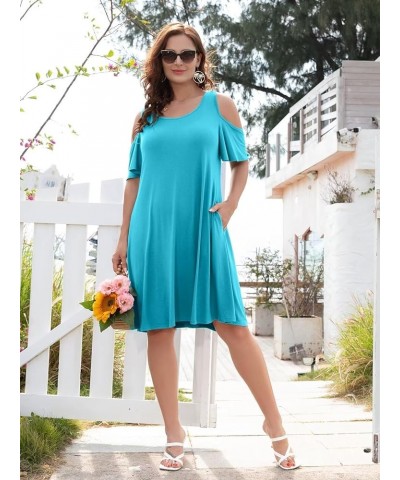 Womens Plus Size Dresses Short Sleeve Cold Shoulder Casual T Shirt Swing Dress Summer Beach Sundress Lake Blue $15.19 Dresses