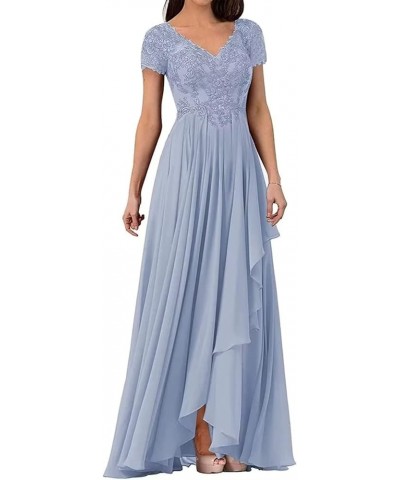 V Neck Lace Applique Long Mother of The Bride Wedding Dresses Women's Cap Sleeve Chiffon Formal Party Dress Dusty Blue $34.65...