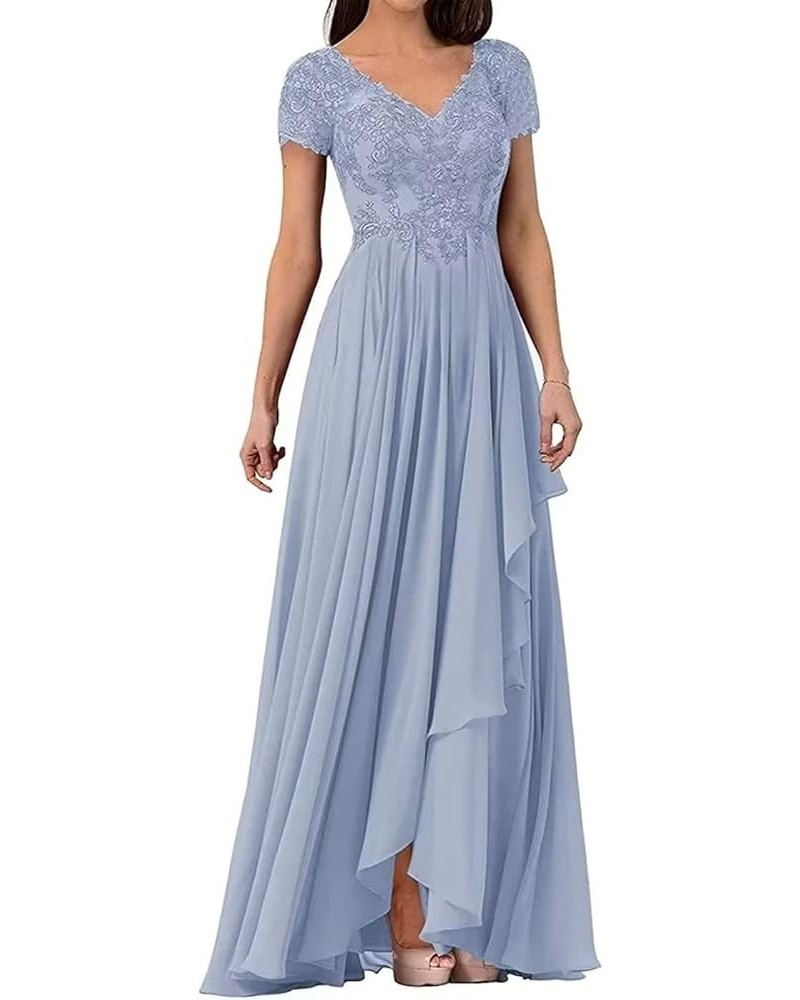 V Neck Lace Applique Long Mother of The Bride Wedding Dresses Women's Cap Sleeve Chiffon Formal Party Dress Dusty Blue $34.65...