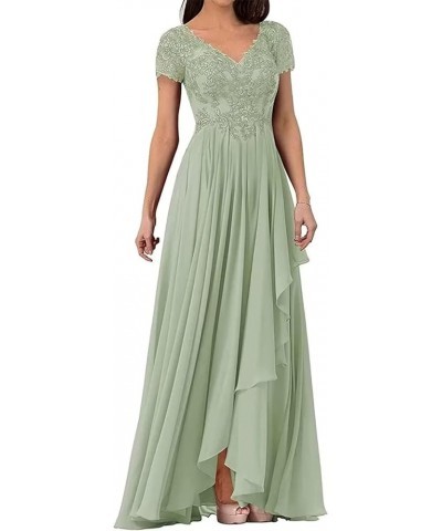 V Neck Lace Applique Long Mother of The Bride Wedding Dresses Women's Cap Sleeve Chiffon Formal Party Dress Dusty Blue $34.65...