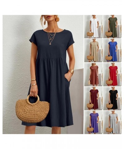 Women's Cotton Round Neck Dress, Summer Dresses Casual Short Sleeve Mid Length Cotton Linen Sundress with Pockets Orange $15....