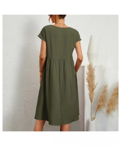 Women's Cotton Round Neck Dress, Summer Dresses Casual Short Sleeve Mid Length Cotton Linen Sundress with Pockets Orange $15....