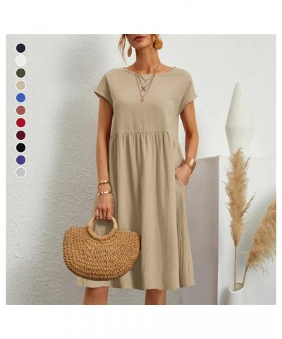 Women's Cotton Round Neck Dress, Summer Dresses Casual Short Sleeve Mid Length Cotton Linen Sundress with Pockets Orange $15....