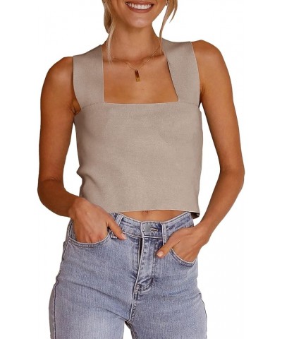 Womens Crop Tank Tops Wide Straps Square Neck Summer Sleeveless Knit Sweater Top Khaki $10.75 Tanks