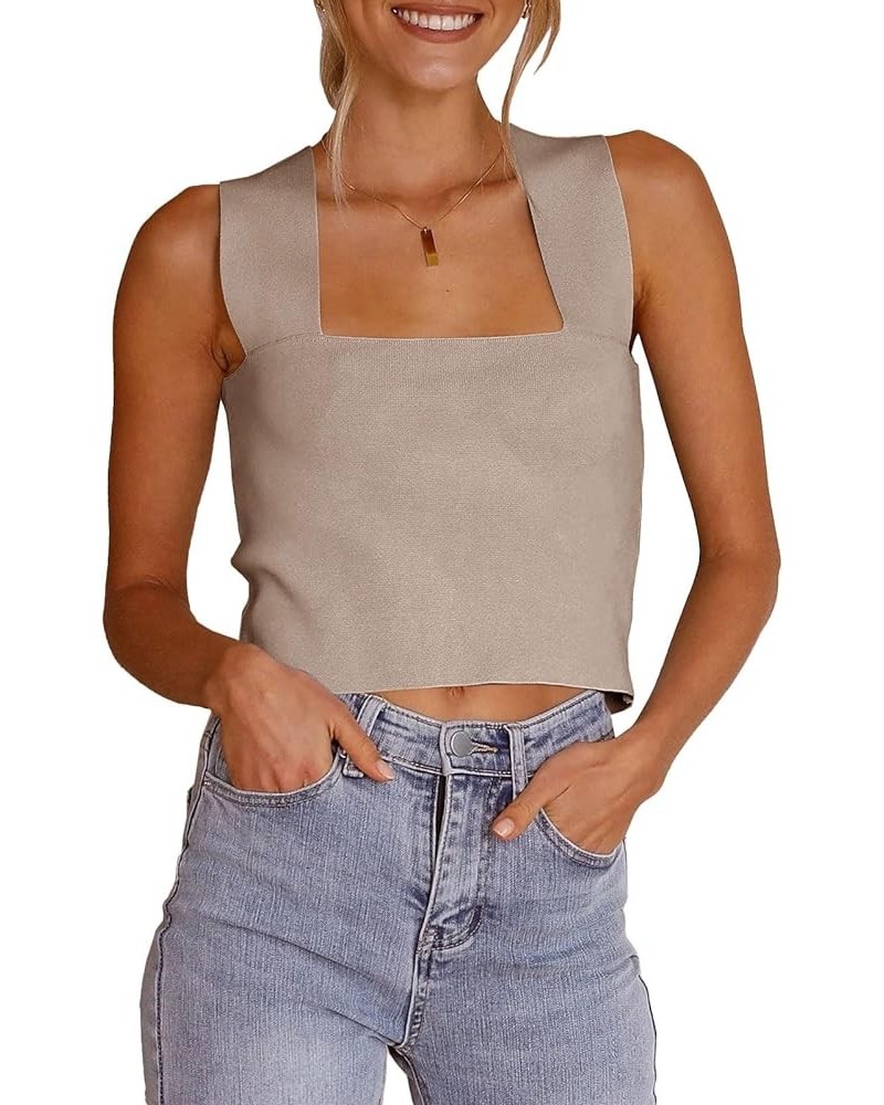 Womens Crop Tank Tops Wide Straps Square Neck Summer Sleeveless Knit Sweater Top Khaki $10.75 Tanks