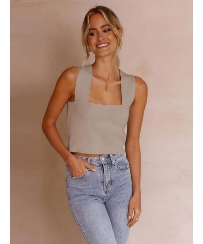 Womens Crop Tank Tops Wide Straps Square Neck Summer Sleeveless Knit Sweater Top Khaki $10.75 Tanks