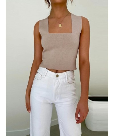 Womens Crop Tank Tops Wide Straps Square Neck Summer Sleeveless Knit Sweater Top Khaki $10.75 Tanks